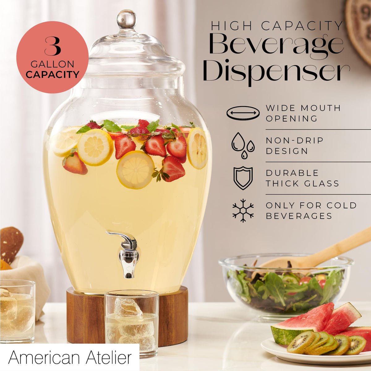 Glass Beverage Dispenser with Wood Base, 3 Gallon Z4403