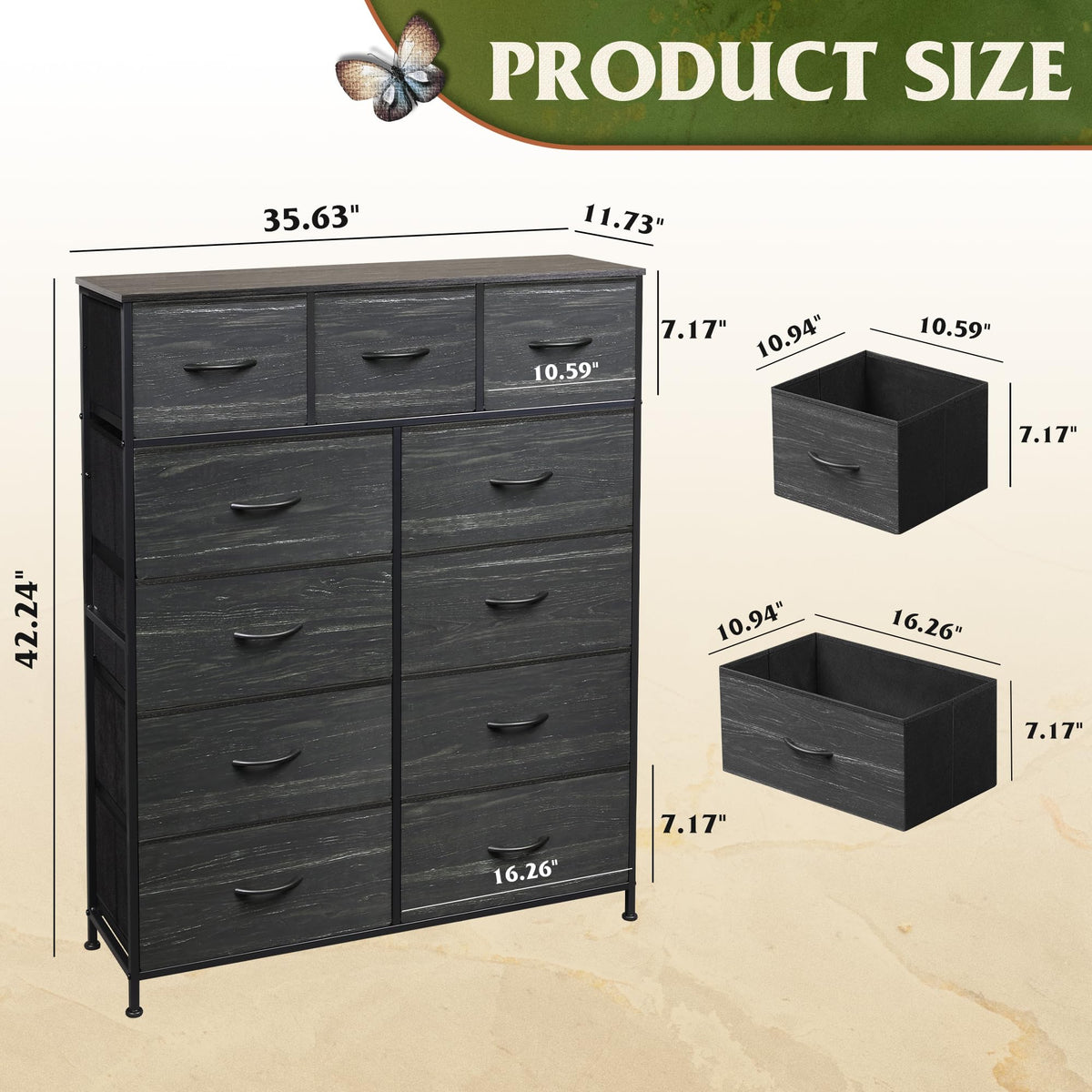 Black 11 Drawer Fabric Dresser N783