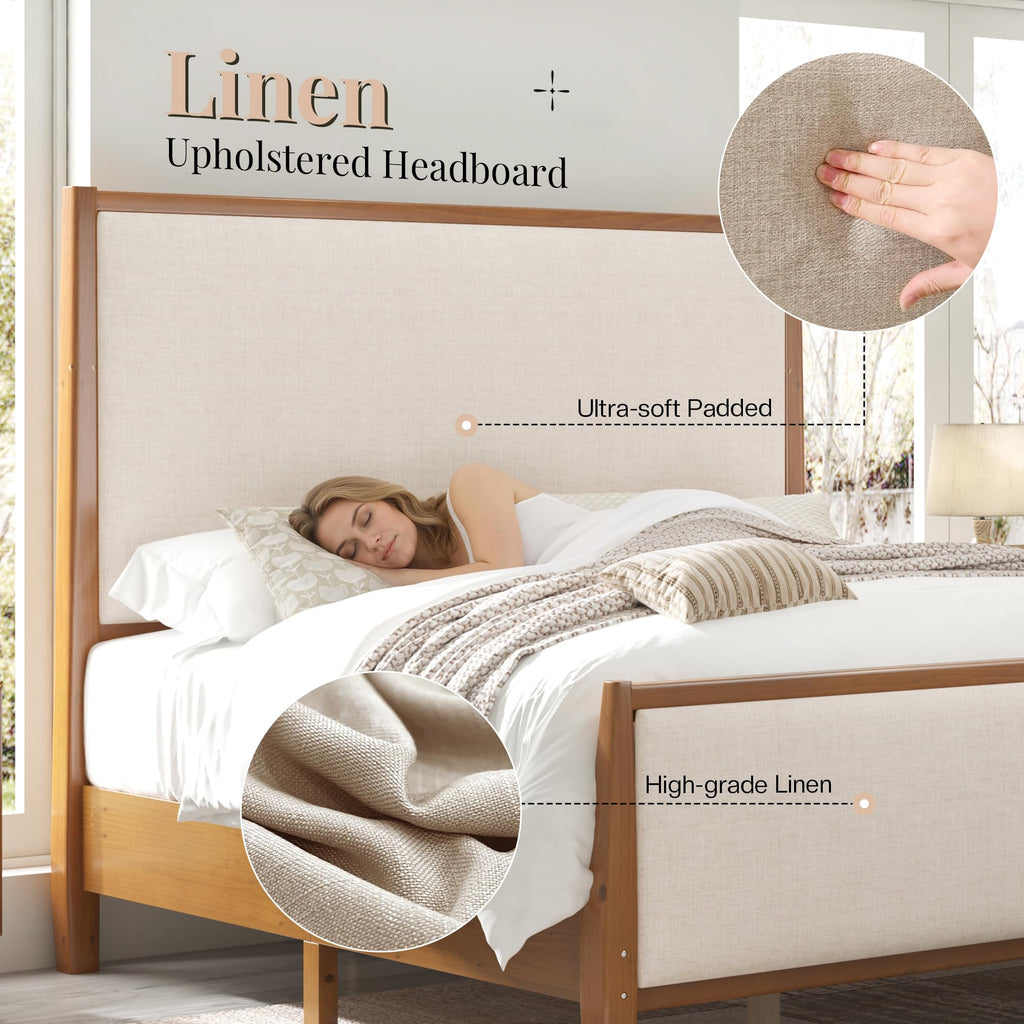 Solid Wood California King Size Bed Frame with Upholstered Headboard & Footboard S4121
