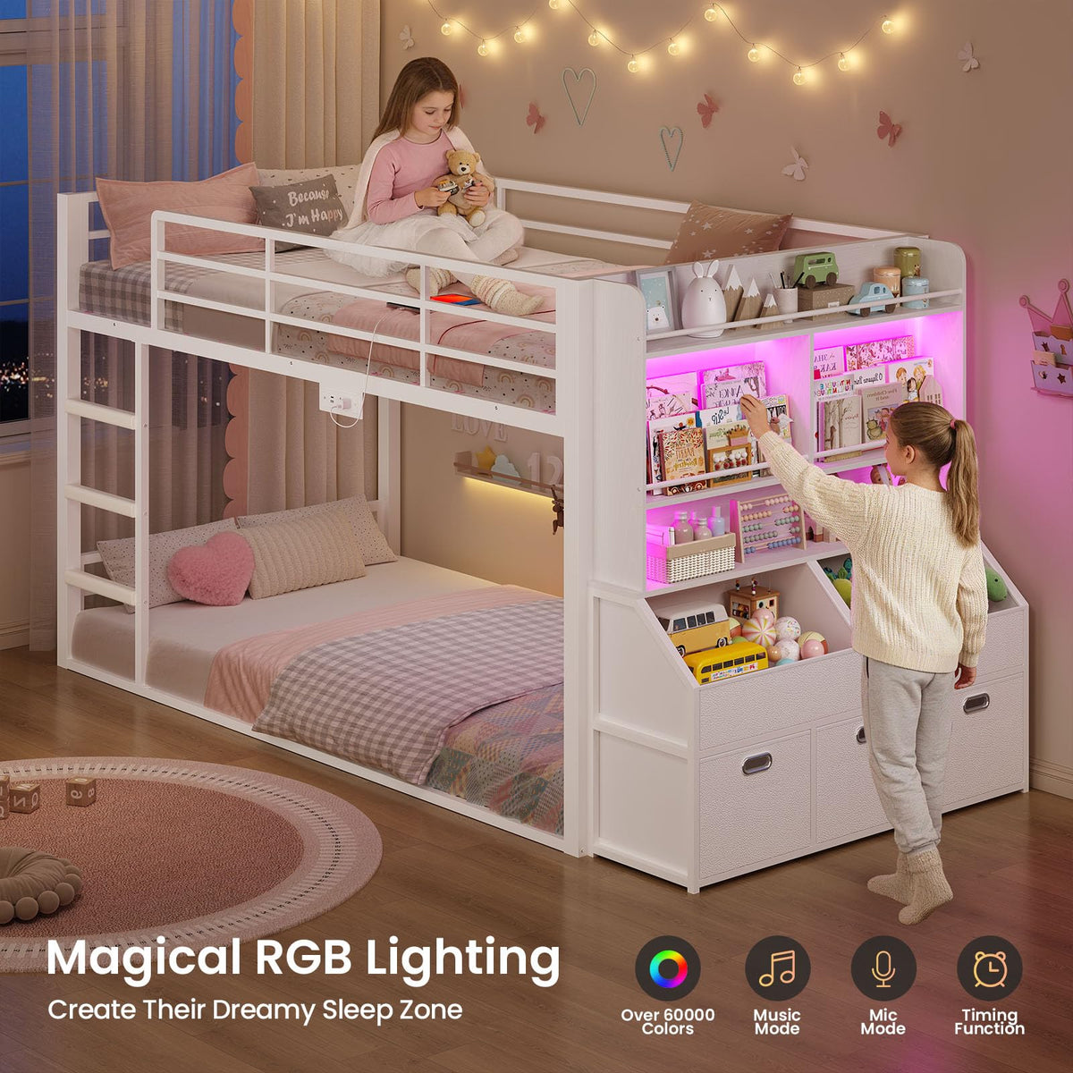 Twin Over Twin Bunk Bed with Bookshelf and Drawers S107
