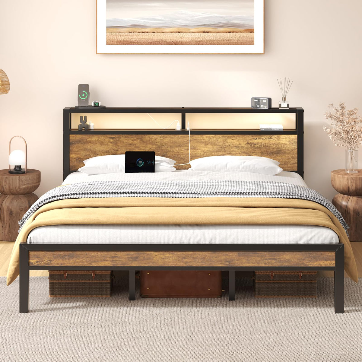 King Size Bed Frame with Storage Headboard ＆ LED Light R85029