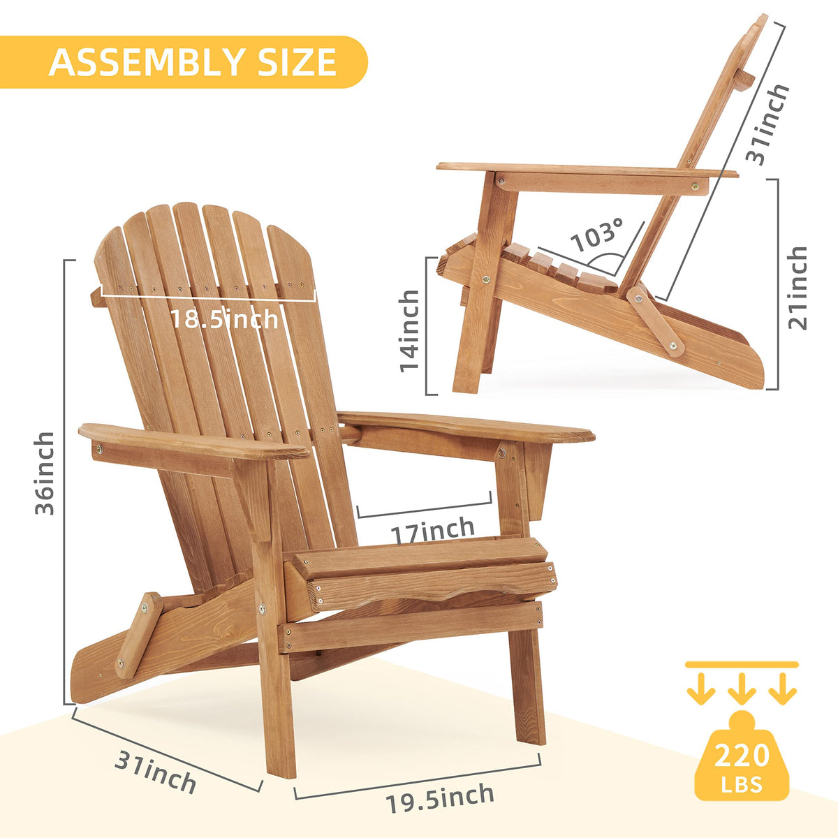 Folding Adirondack Chair Set of 2 Solid Cedar Wood B2078
