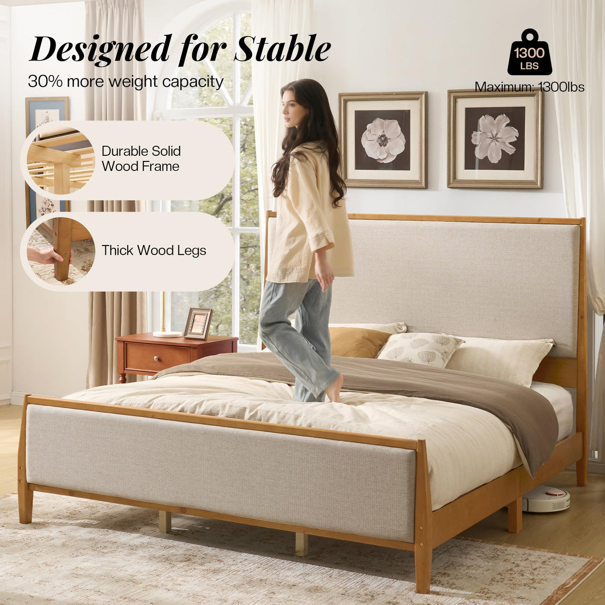 Solid Wood California King Size Bed Frame with Upholstered Headboard & Footboard S4121
