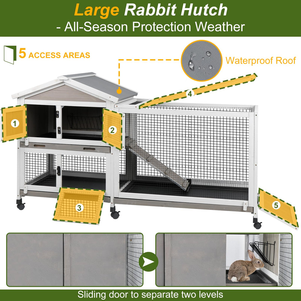 Large Rabbit Hutch with Run 2-Story Bunny Cage 6 Wheels P3064