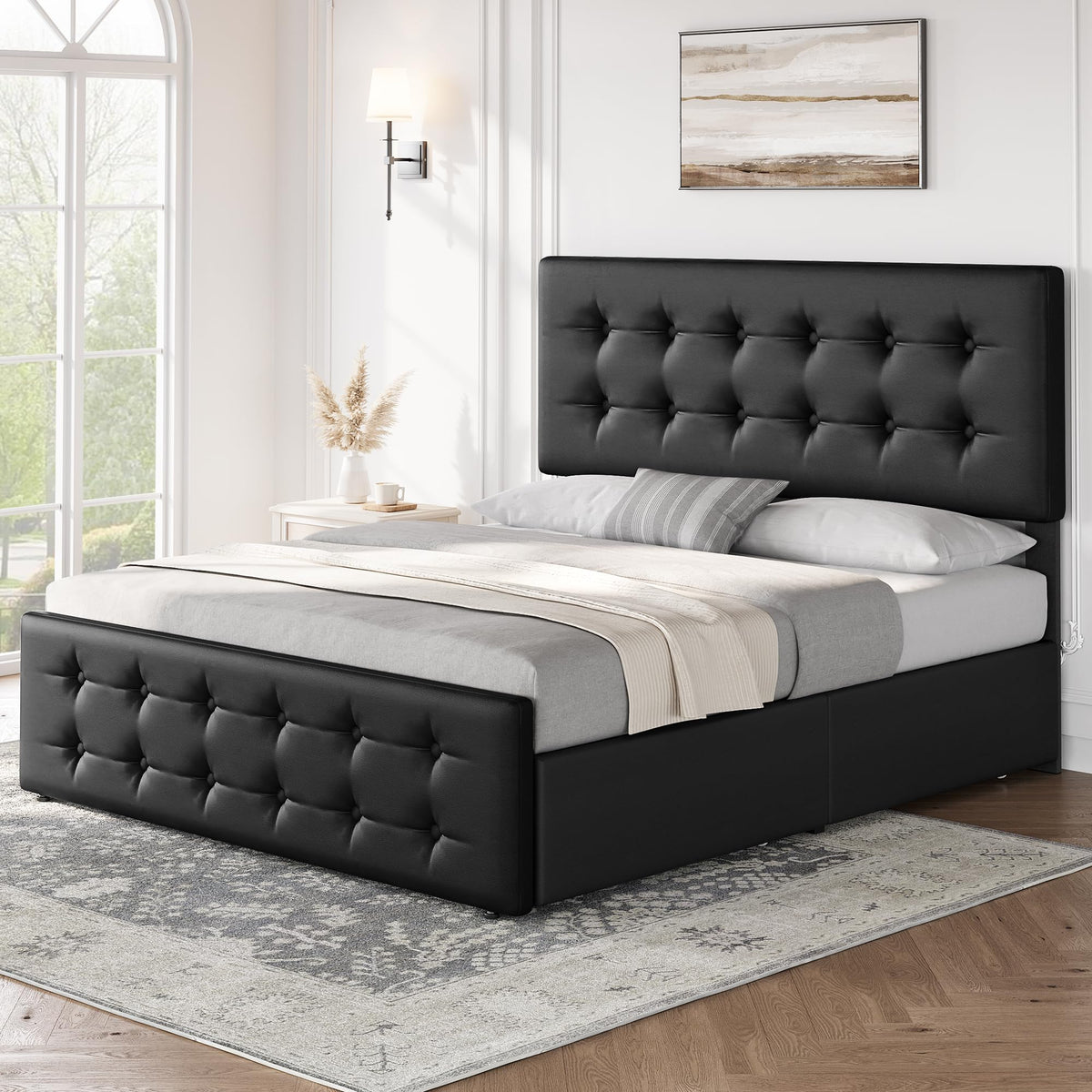 Full Size Bed Frame with 4 Storage Drawers and Headboard, Black K747