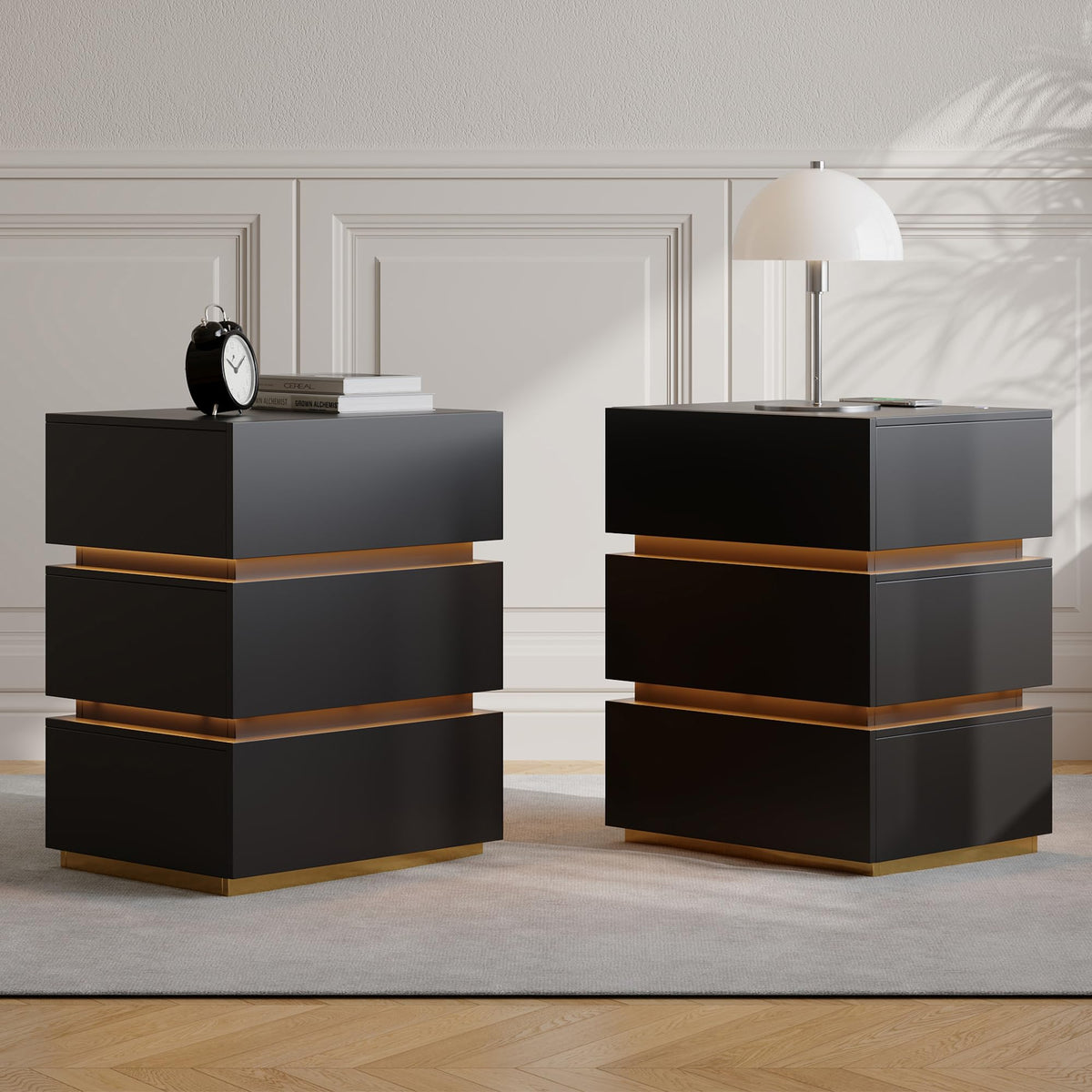 Black Set of 2 Nightstand with Wireless Charging and 3 Drawers Z823