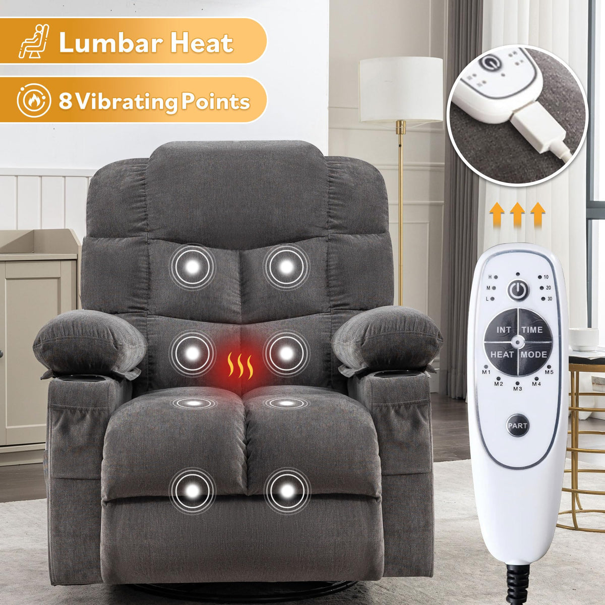 Swivel Rocker Recliner Chair with Massage and Heat B8967