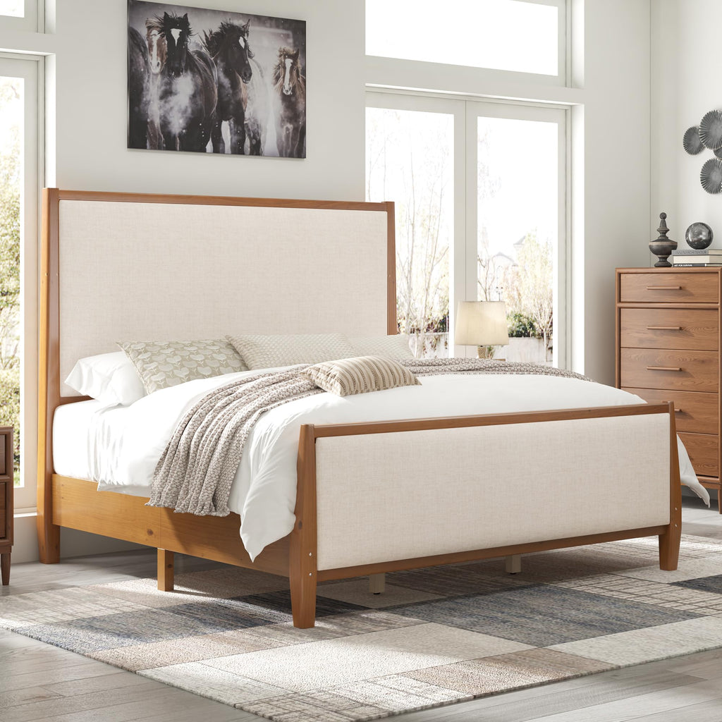 Solid Wood California King Size Bed Frame with Upholstered Headboard & Footboard S4121