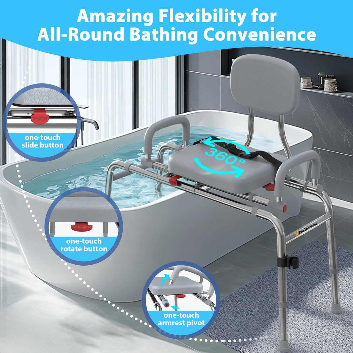Sliding Shower Chair Tub Transfer Bench with Swivel Seat, 450lbs, Adjustable Height, Gray E381
