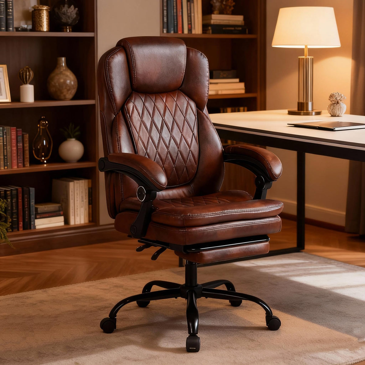 Big and Tall Brown PU Leather Reclining Office Chair with Foot Rest U165197