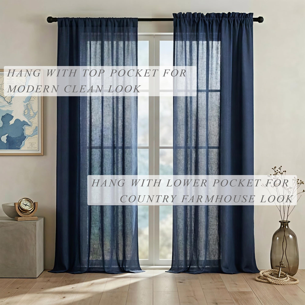 Navy Blue Linen Curtains 96 Inches Long Rod Pocket Semi Sheer Cotton Canvas G5413