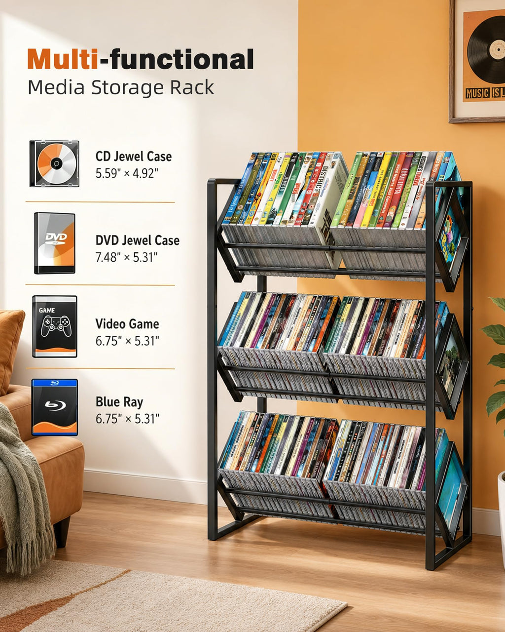 3-Tier CD Storage Metal Display Shelf with Adjustable Divider C4277
