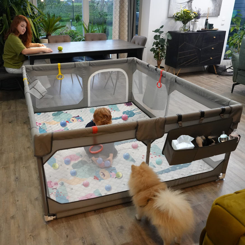 75" x 59" Grey Baby Playpen with Mat M870