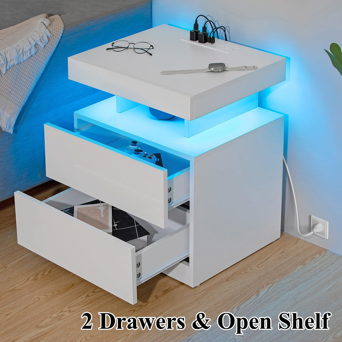 White High Gloss 2 Drawer Nightstand with LED Light E620
