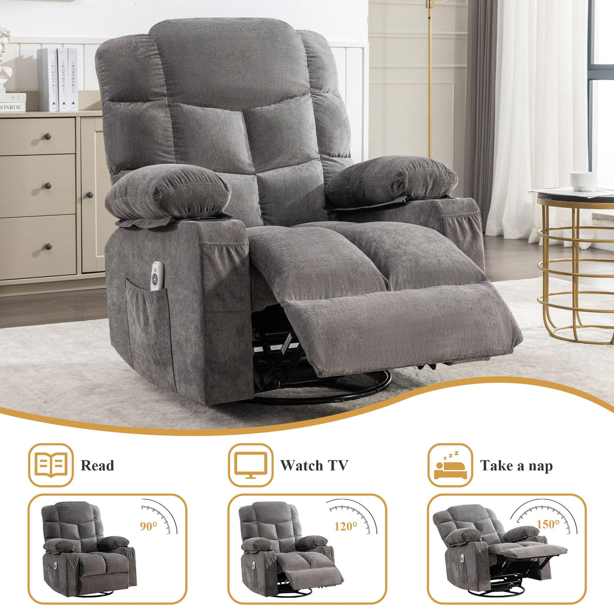 Swivel Rocker Recliner Chair with Massage and Heat B8967