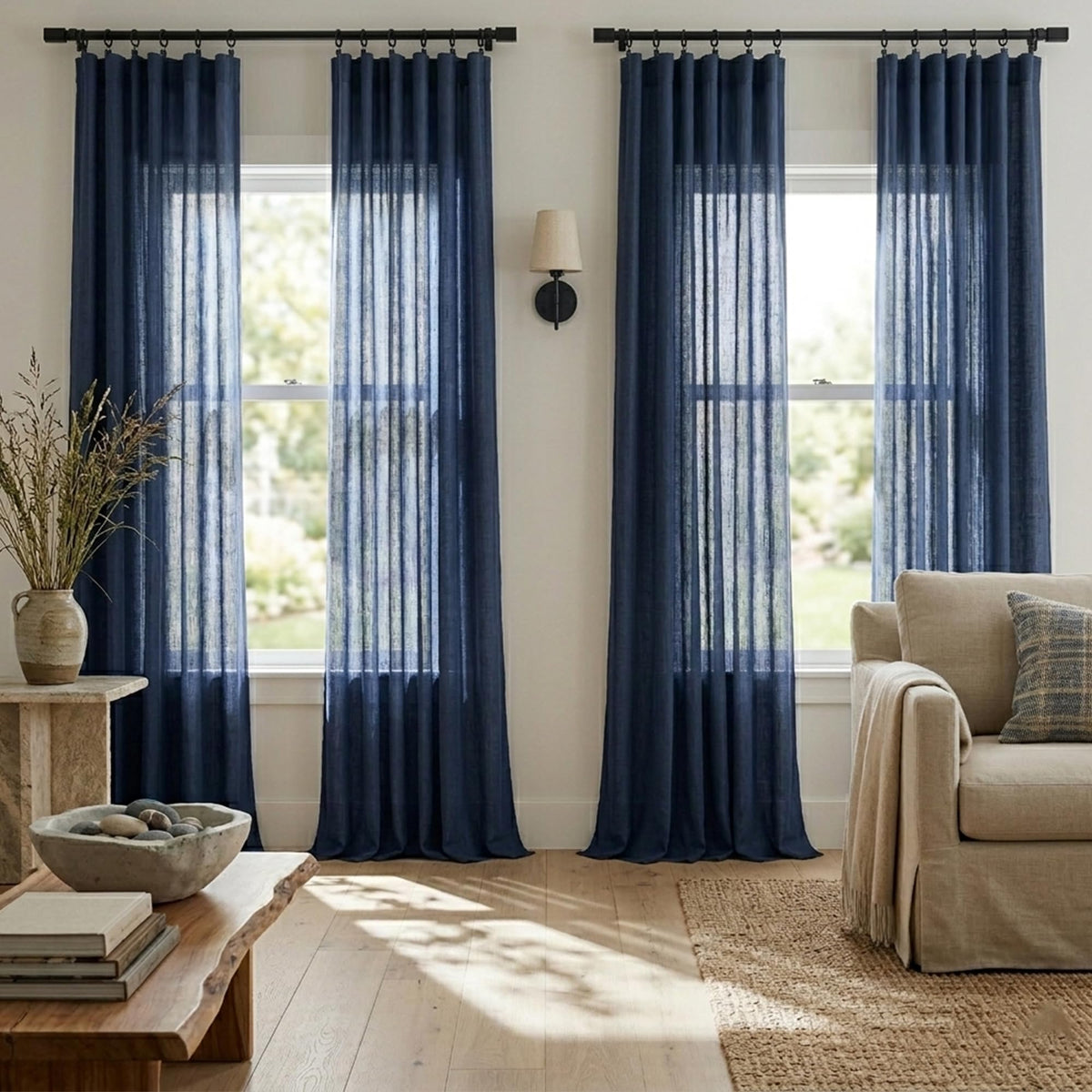 Navy Blue Linen Curtains 96 Inches Long Rod Pocket Semi Sheer Cotton Canvas G5413