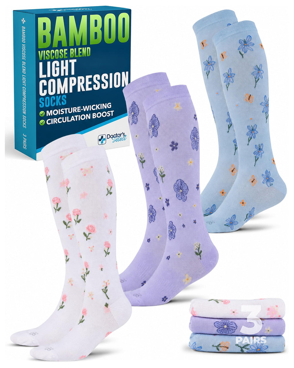 Bamboo Viscose 8-15 mmHg Knee High Compression Socks 3 Pairs K3981