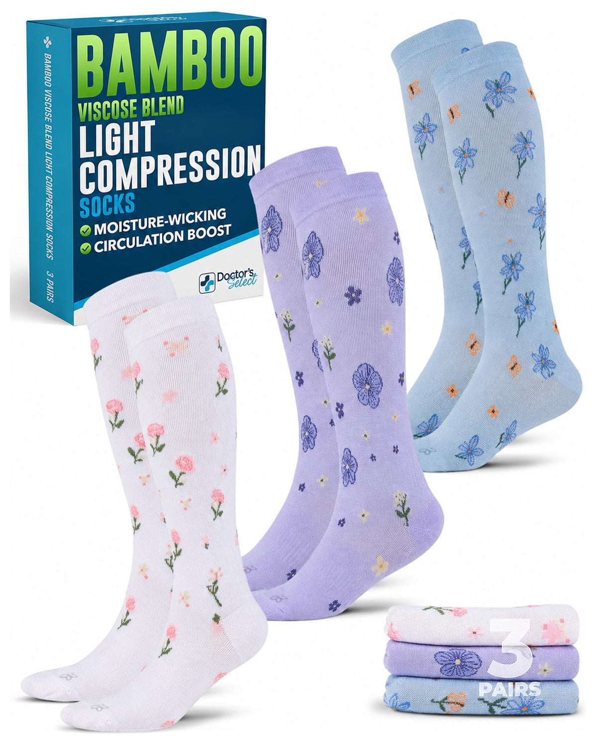 Bamboo Viscose 8-15 mmHg Knee High Compression Socks 3 Pairs K3981
