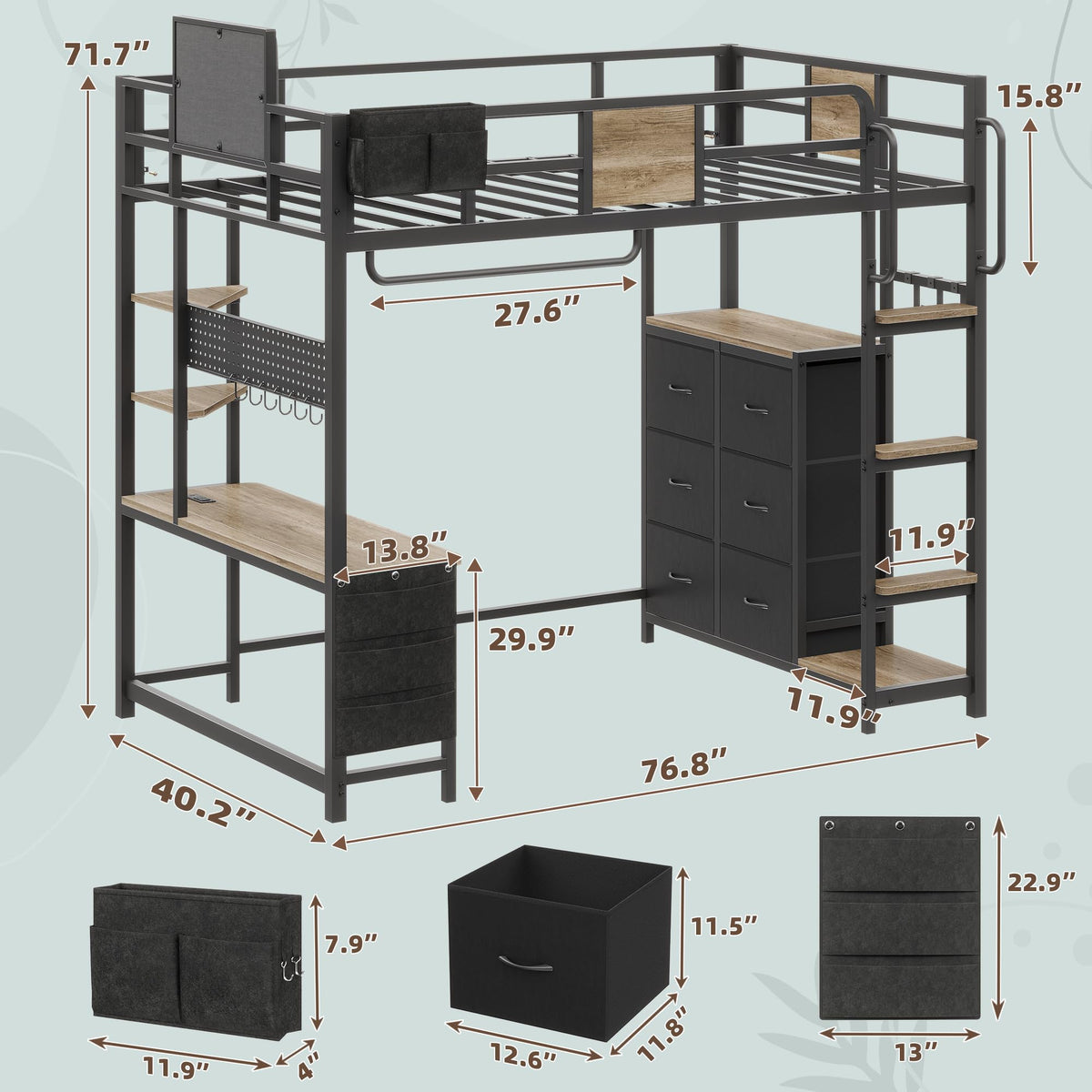 Twin Loft Bed with Storage and 6 Drawers C2638
