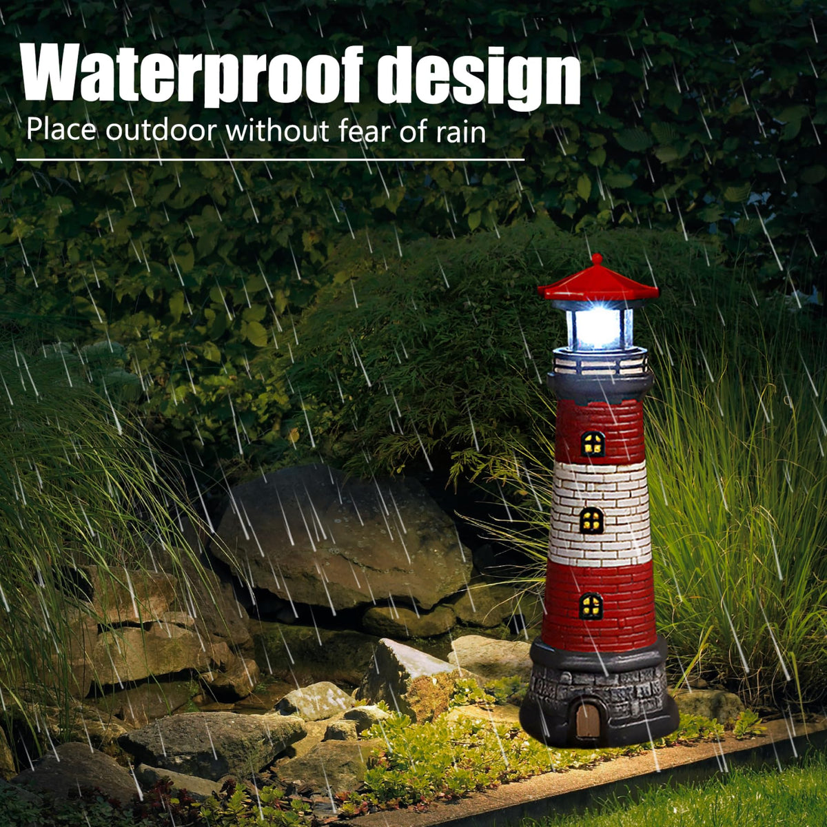 Solar Lighthouse with Rotating LED Lights, 4.7x4.7x14.8 Decorative Garden Statues, Red P9947