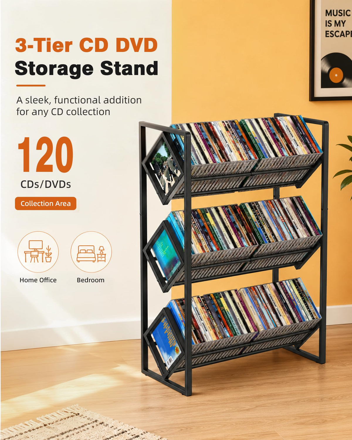 3-Tier CD Storage Metal Display Shelf with Adjustable Divider C4277