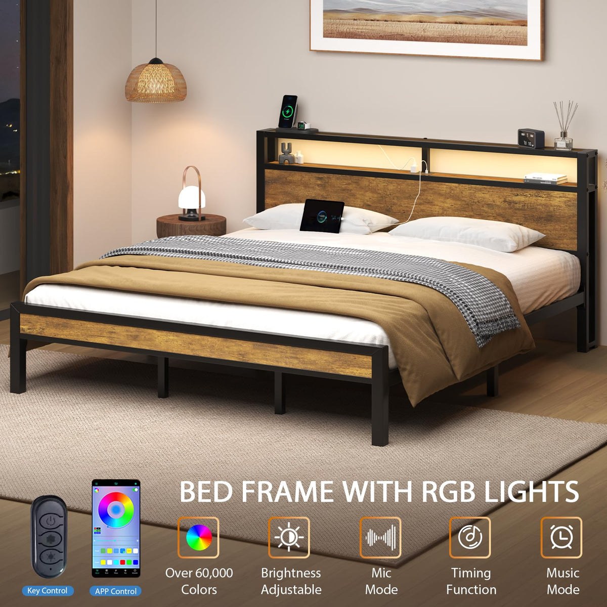 King Size Bed Frame with Storage Headboard ＆ LED Light R85029
