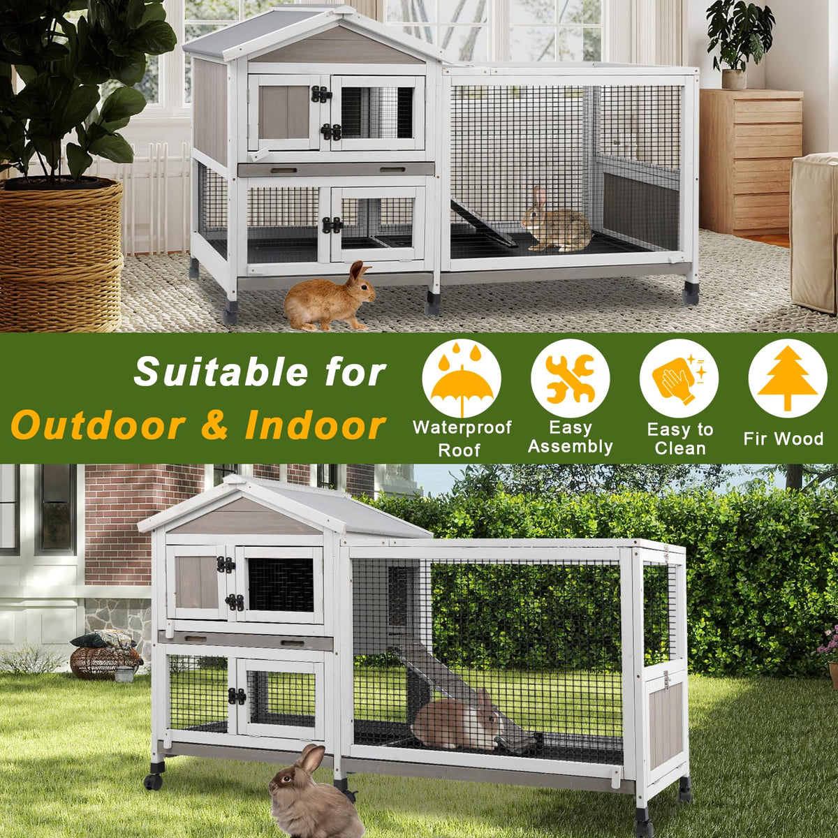 Large Rabbit Hutch with Run 2-Story Bunny Cage 6 Wheels P3064