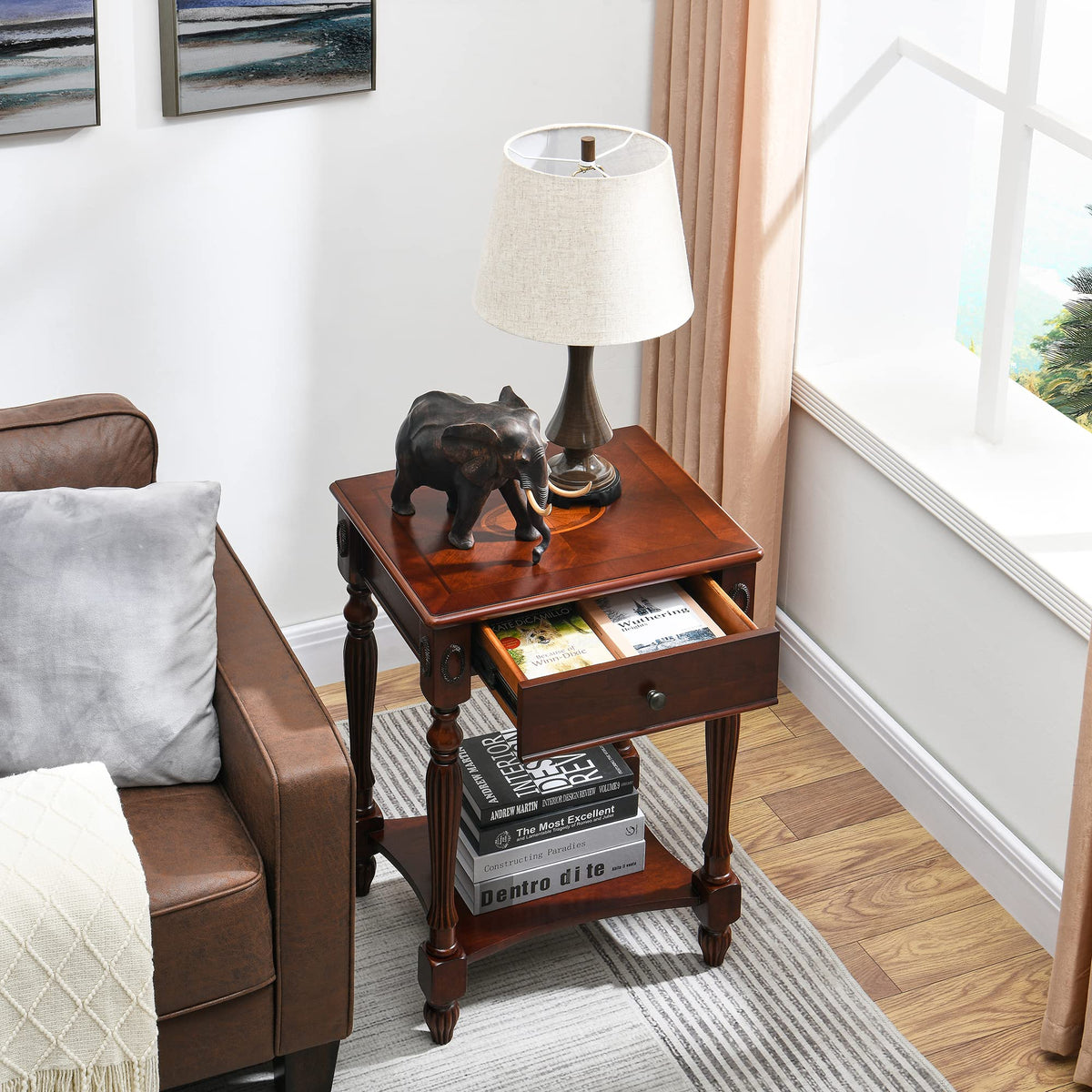 Wood End Table with Drawer and Storage Shelf L4279