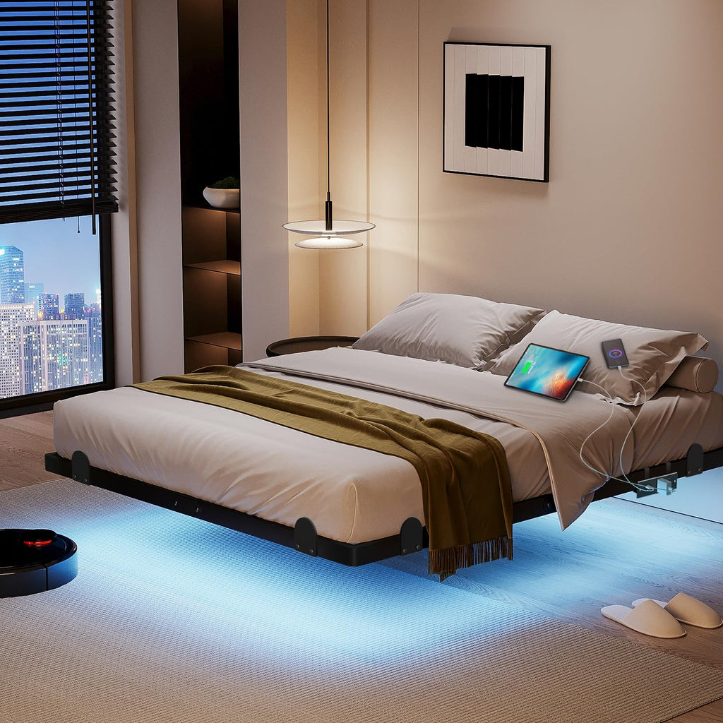 14 Inch Full Bed Frame with LED Lights and Charging Station J449