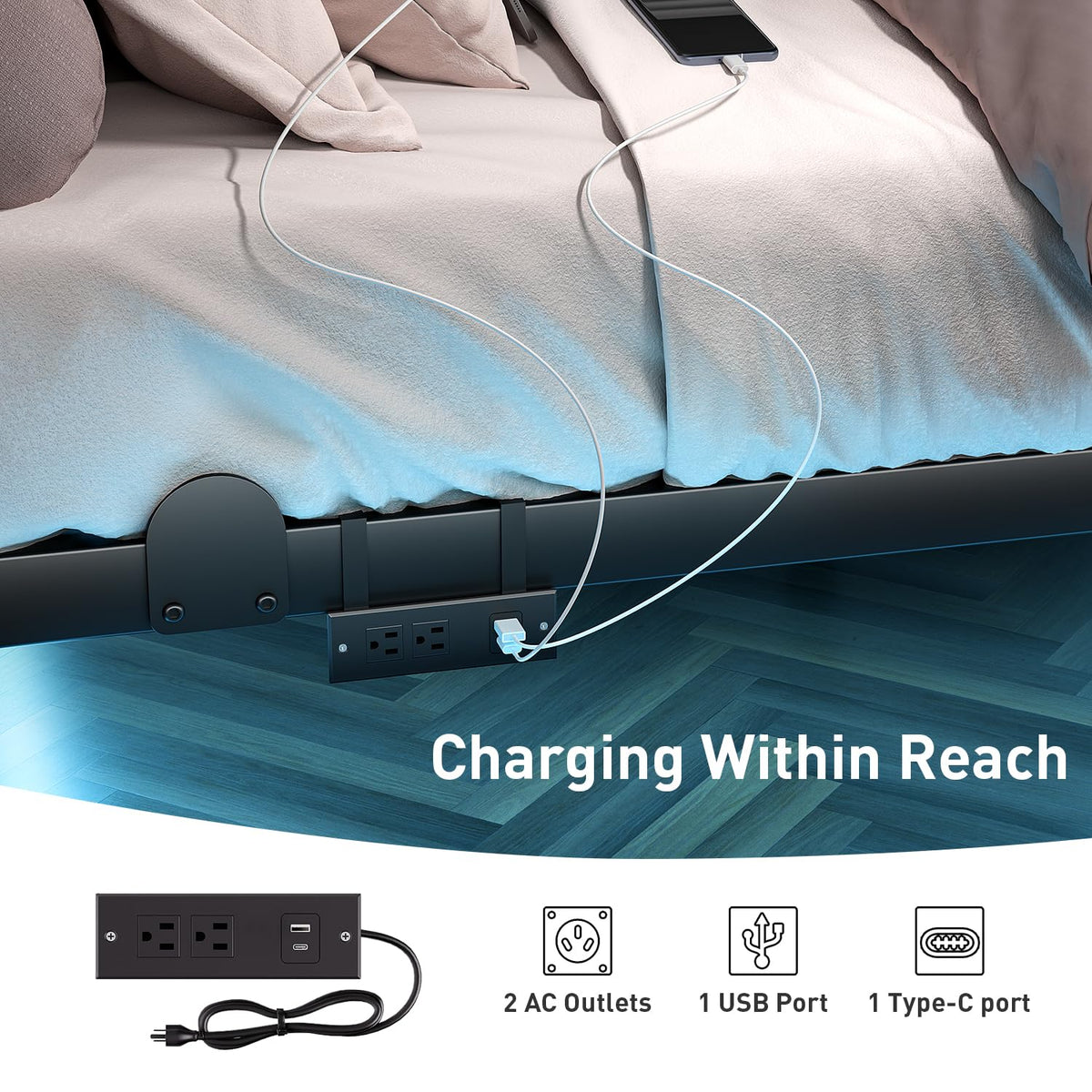 14 Inch Full Bed Frame with LED Lights and Charging Station J449