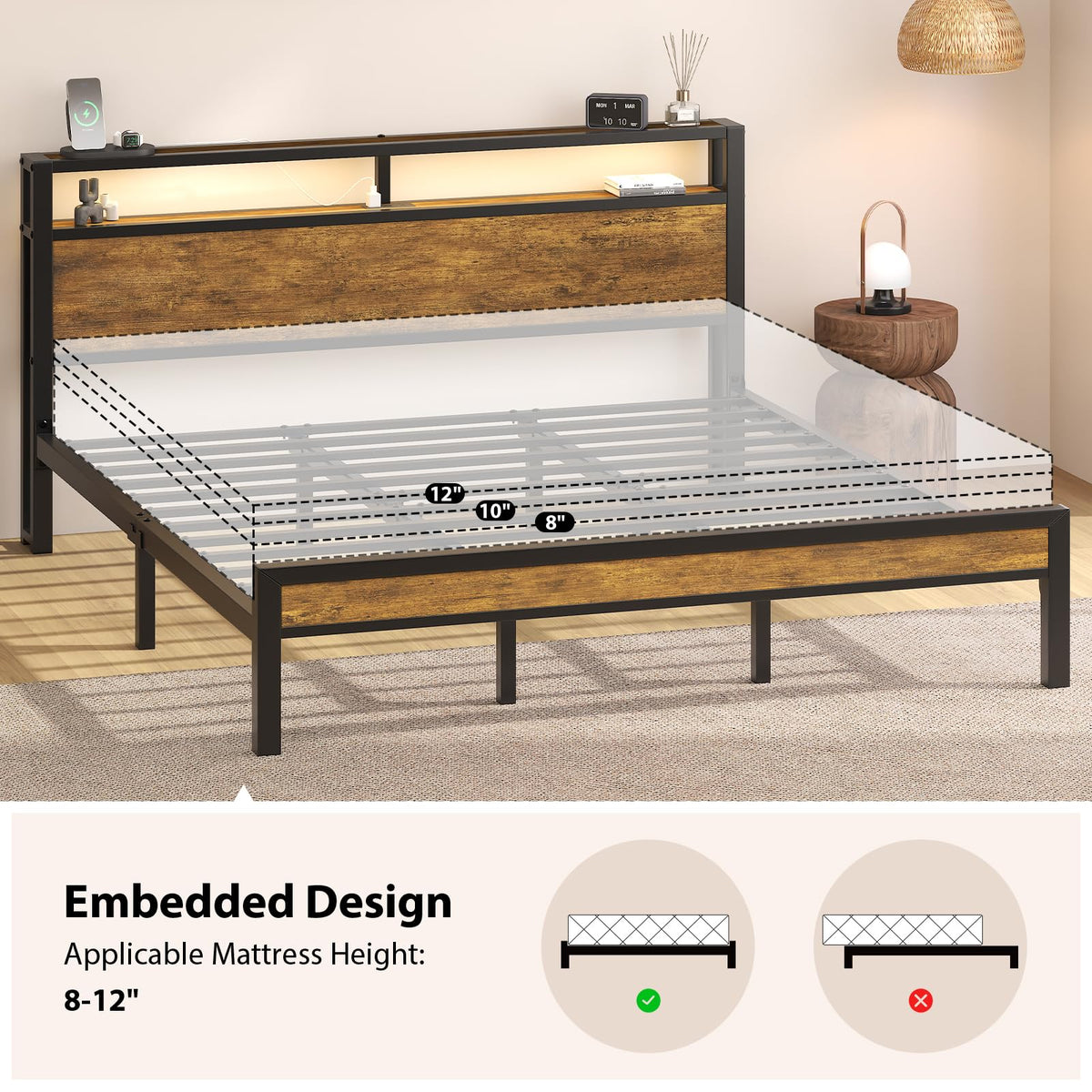 King Size Bed Frame with Storage Headboard ＆ LED Light R85029