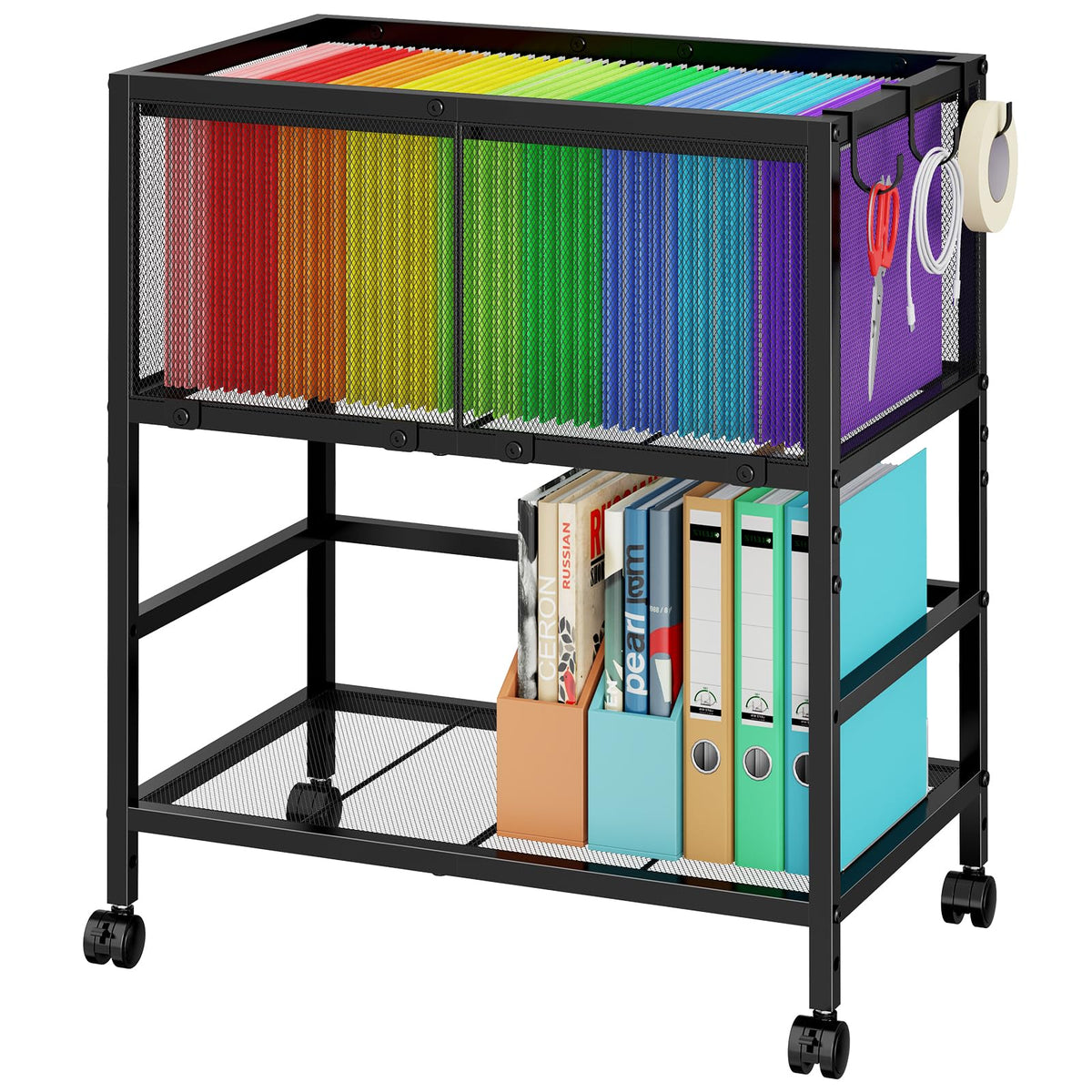 Black 2-Tier Rolling Metal File Cart with Storage Shelf N2011