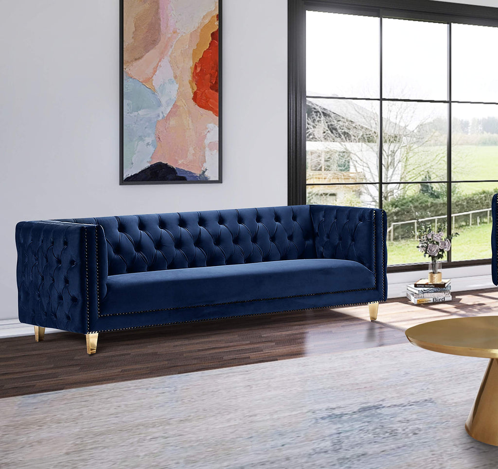 Navy Velvet Sofa with Gold Nailhead Trim L452
