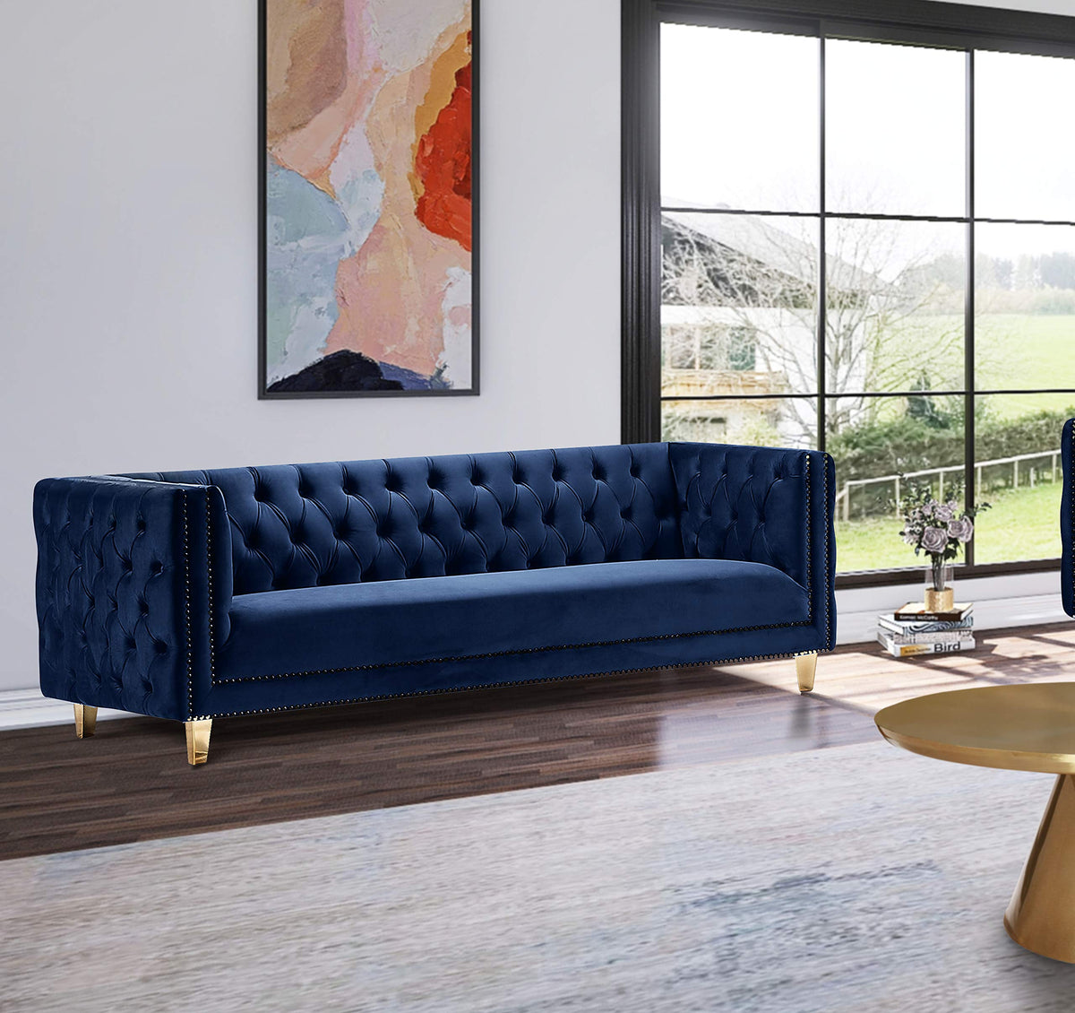 Navy Velvet Sofa with Gold Nailhead Trim L452