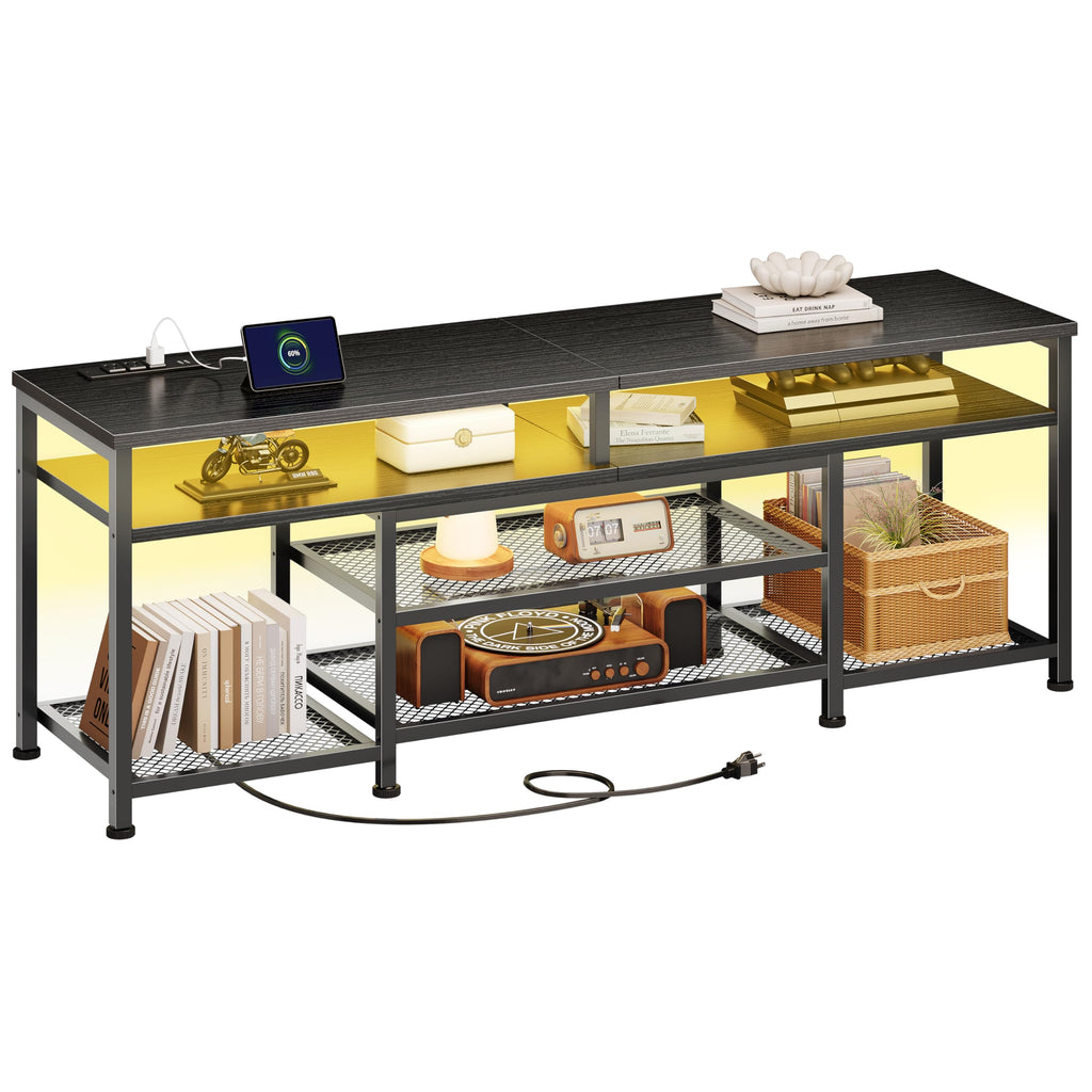 63 Inch TV Stand with Power Outlets & LED Lights, Black X74603