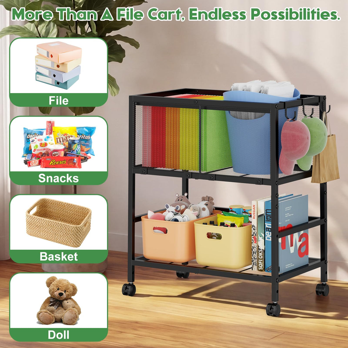 Black 2-Tier Rolling Metal File Cart with Storage Shelf N2011
