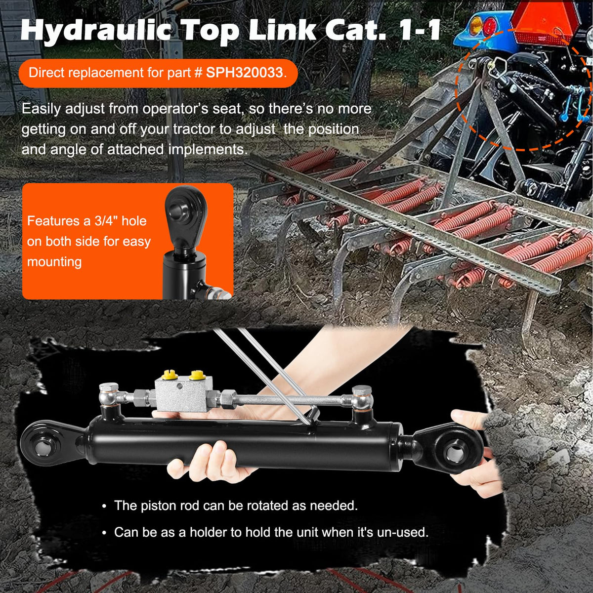 Hydraulic Top Link Cat. 1-1 with Locking Block 20 7/8” - 31 7/8” with 2 x Hose, Two-Way Check Valve Hydraulic Cylinder Set B1220