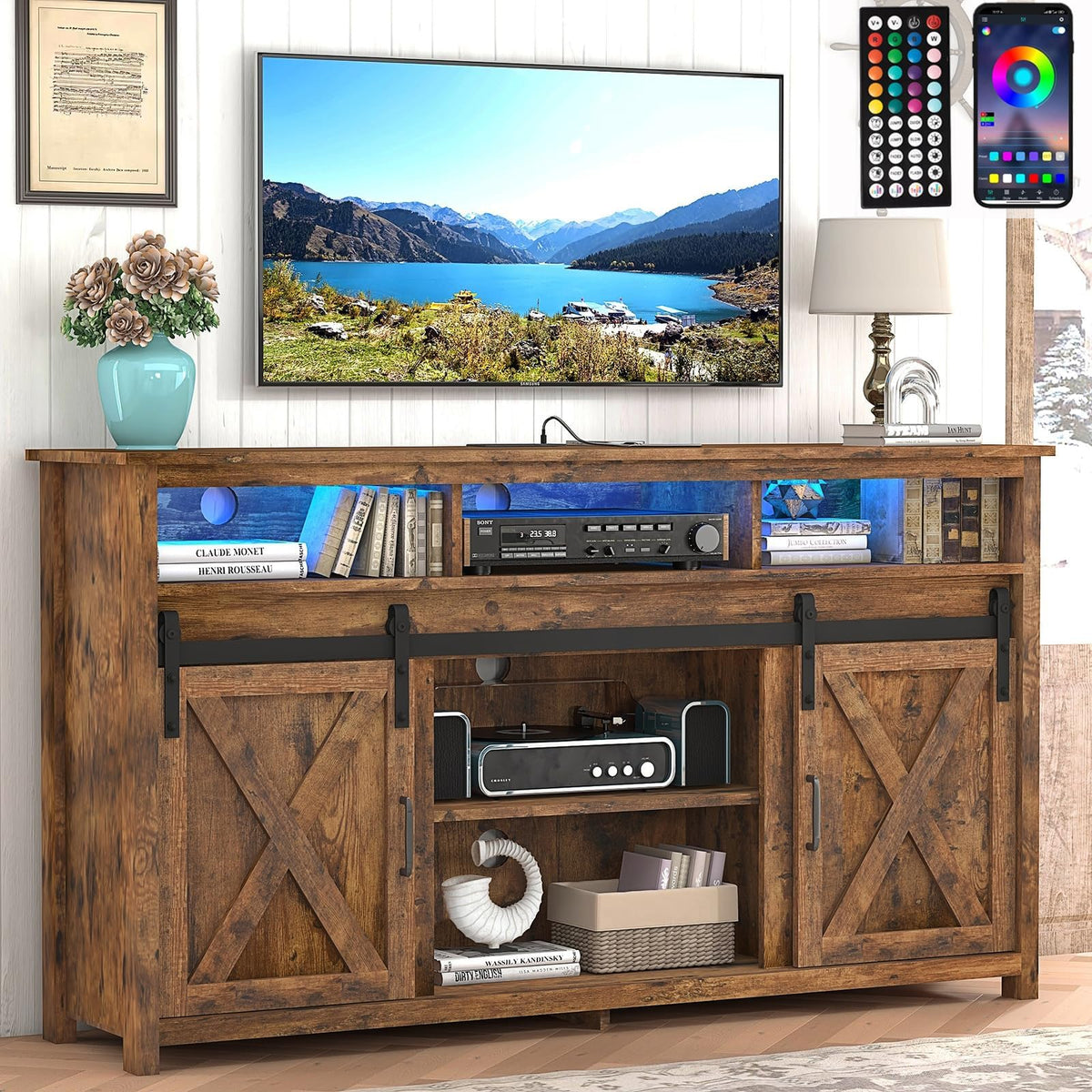 57In Wooden Farmhouse TV Stand with Sliding Barn Door T3489