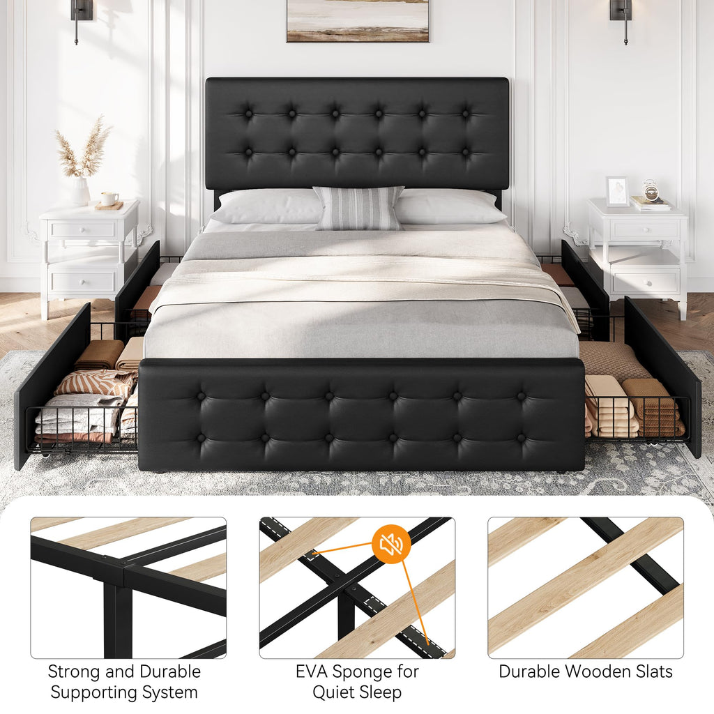 Full Size Bed Frame with 4 Storage Drawers and Headboard, Black K747