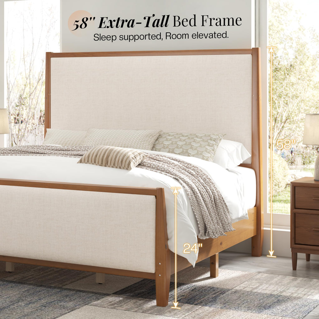 Solid Wood California King Size Bed Frame with Upholstered Headboard & Footboard S4121