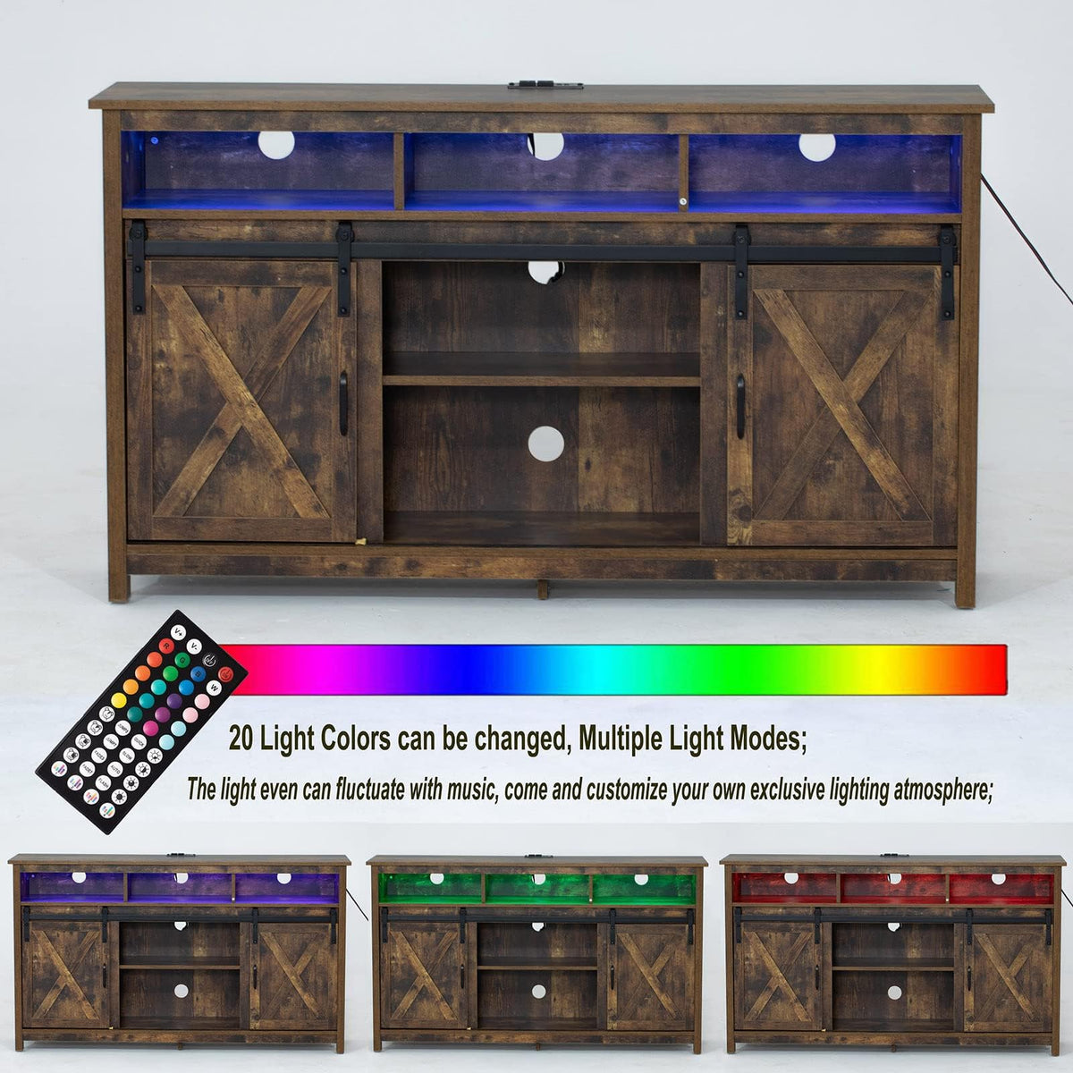 57In Wooden Farmhouse TV Stand with Sliding Barn Door T3489