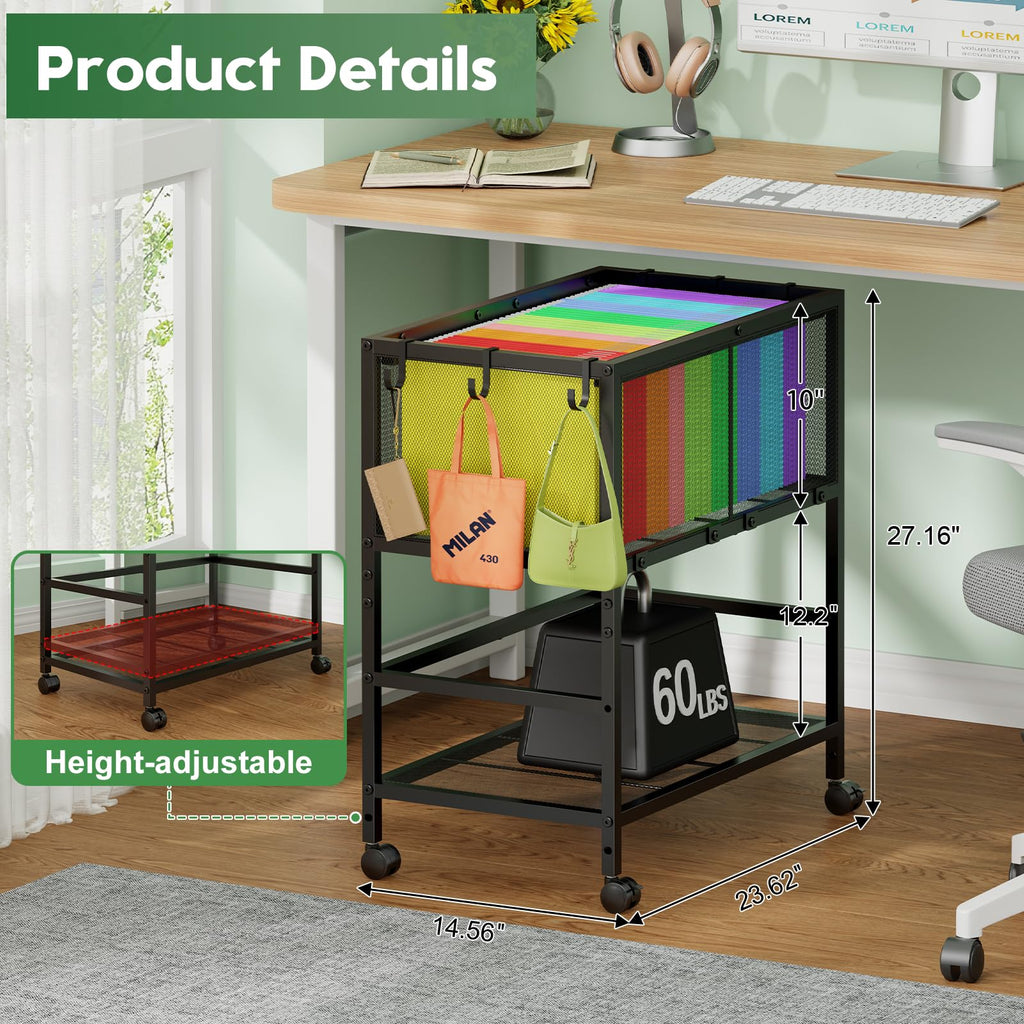 Black 2-Tier Rolling Metal File Cart with Storage Shelf N2011