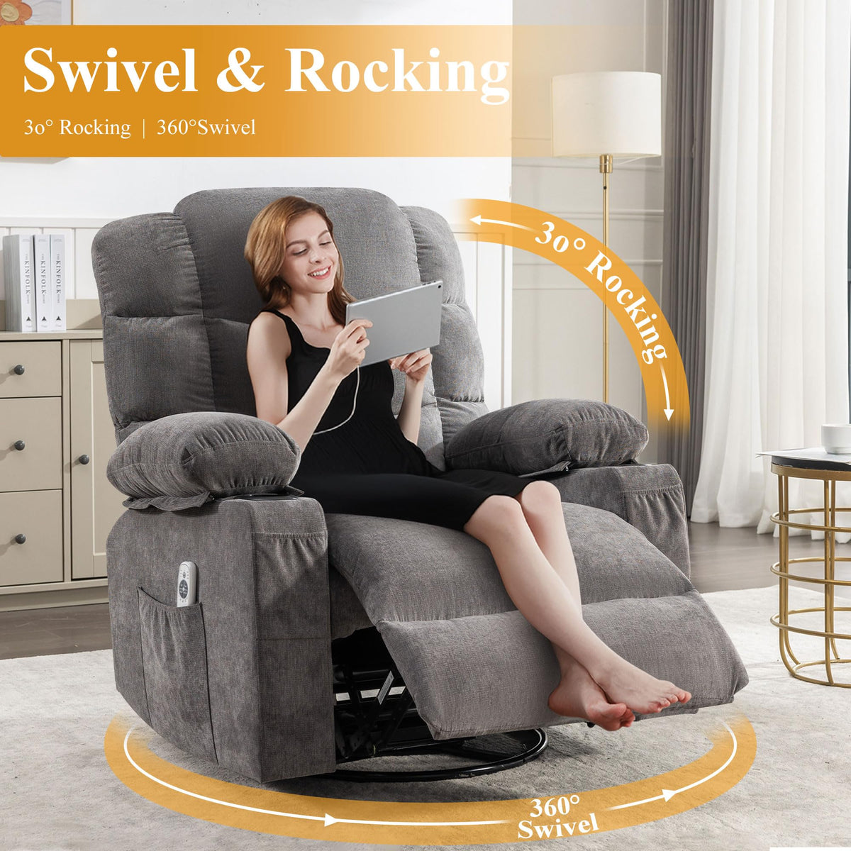 Swivel Rocker Recliner Chair with Massage and Heat B8967