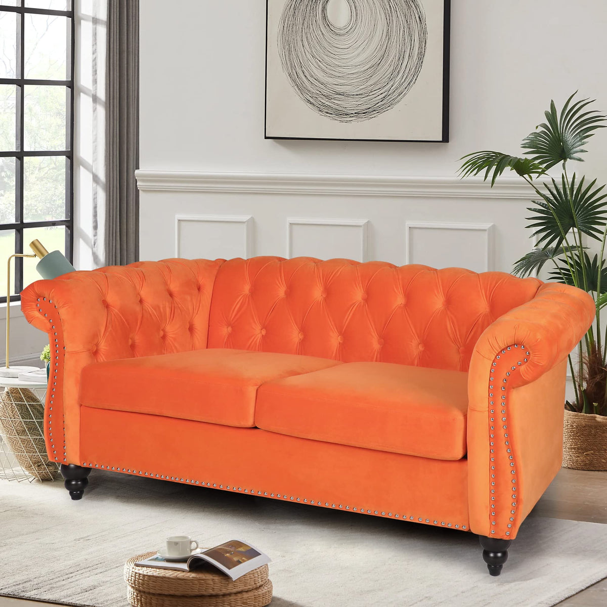 Orange Velvet Chesterfield Loveseat Sofa H4238