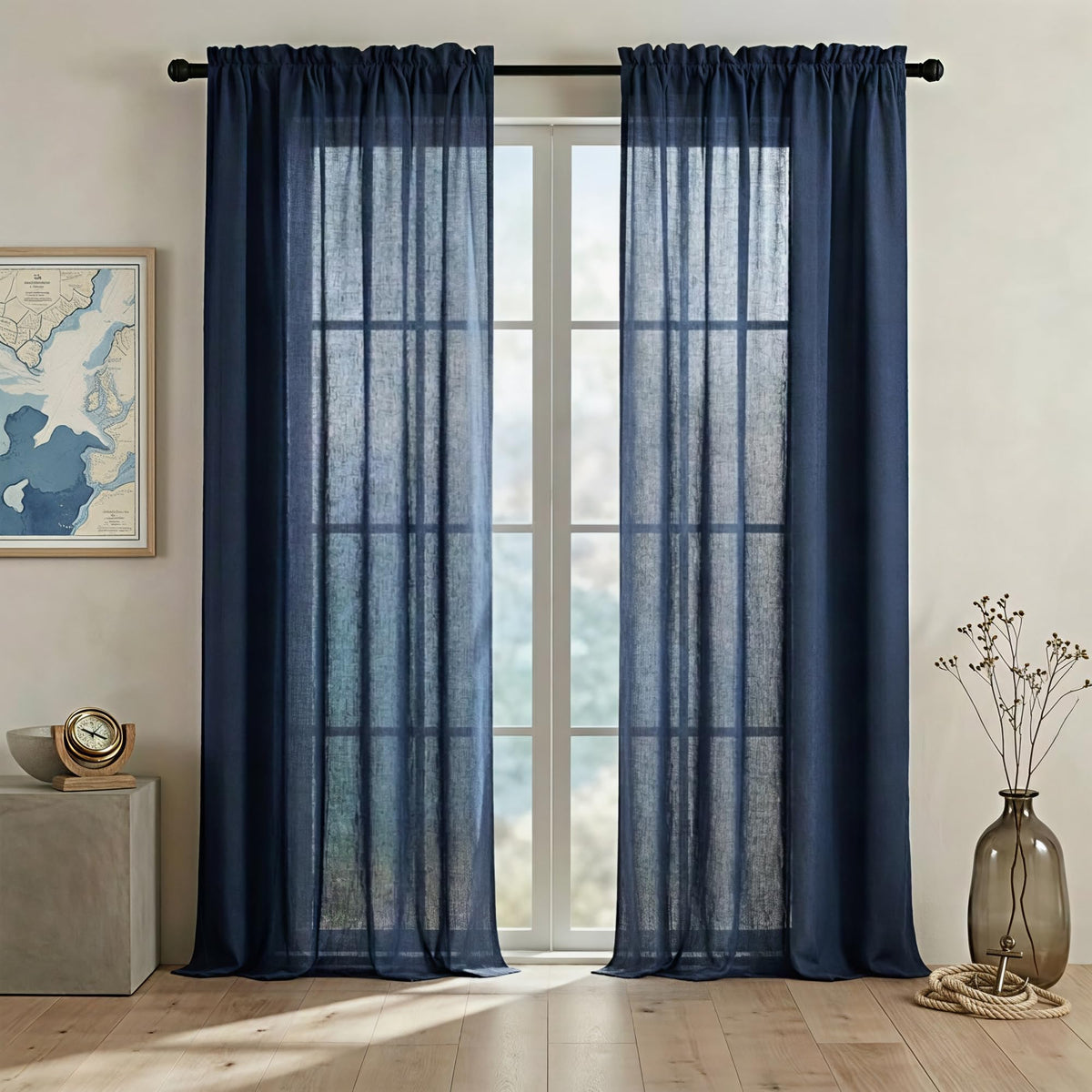 Navy Blue Linen Curtains 96 Inches Long Rod Pocket Semi Sheer Cotton Canvas G5413
