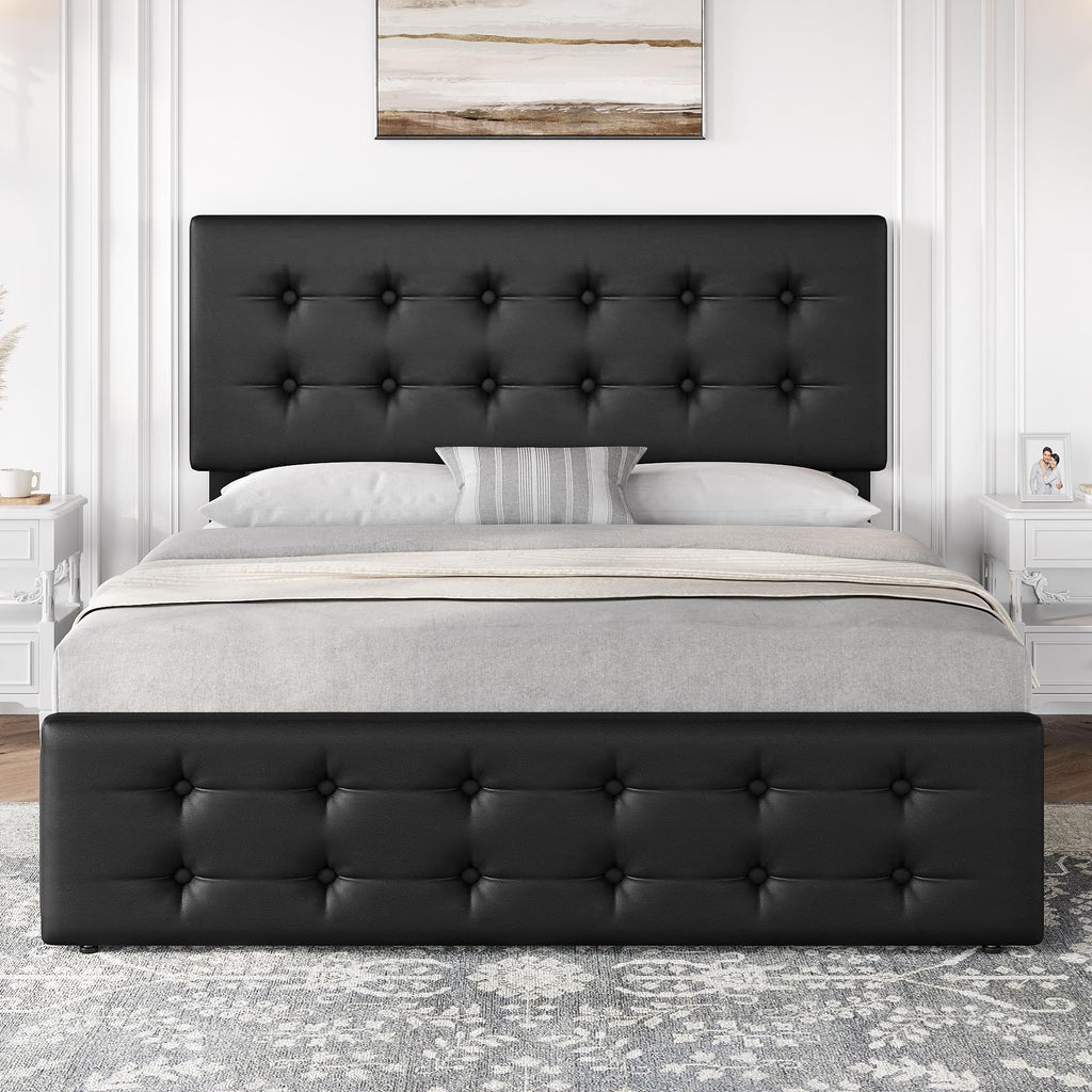 Full Size Bed Frame with 4 Storage Drawers and Headboard, Black K747