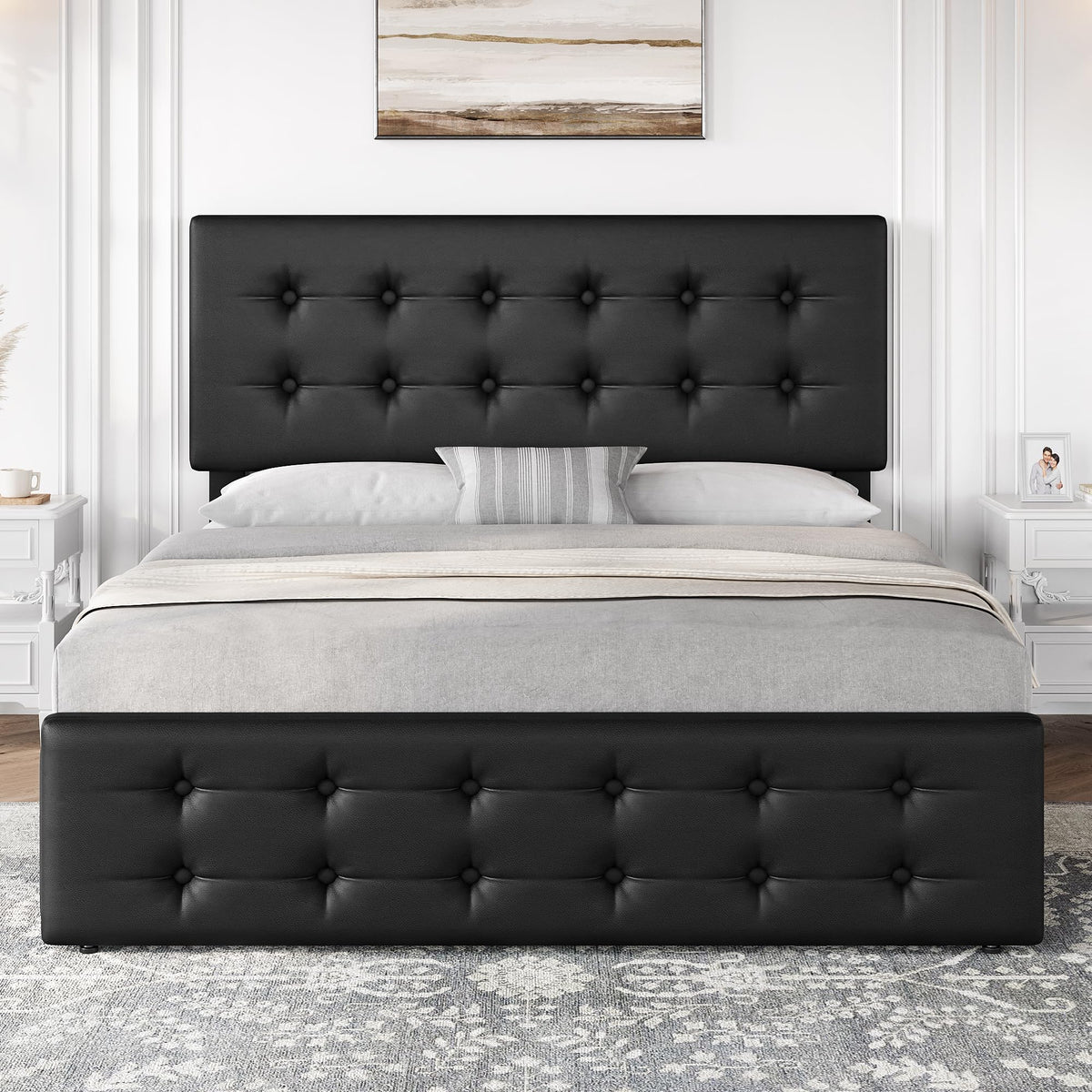Full Size Bed Frame with 4 Storage Drawers and Headboard, Black K747