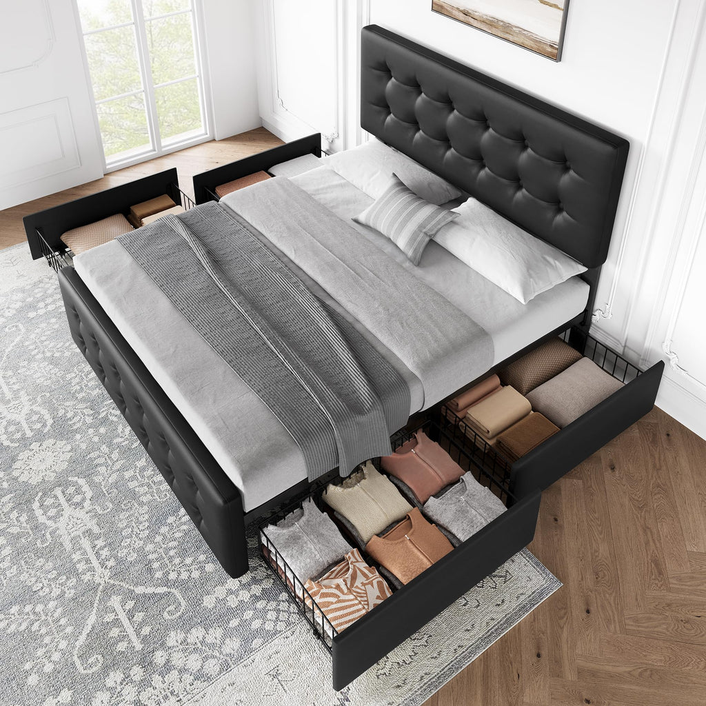 Full Size Bed Frame with 4 Storage Drawers and Headboard, Black K747