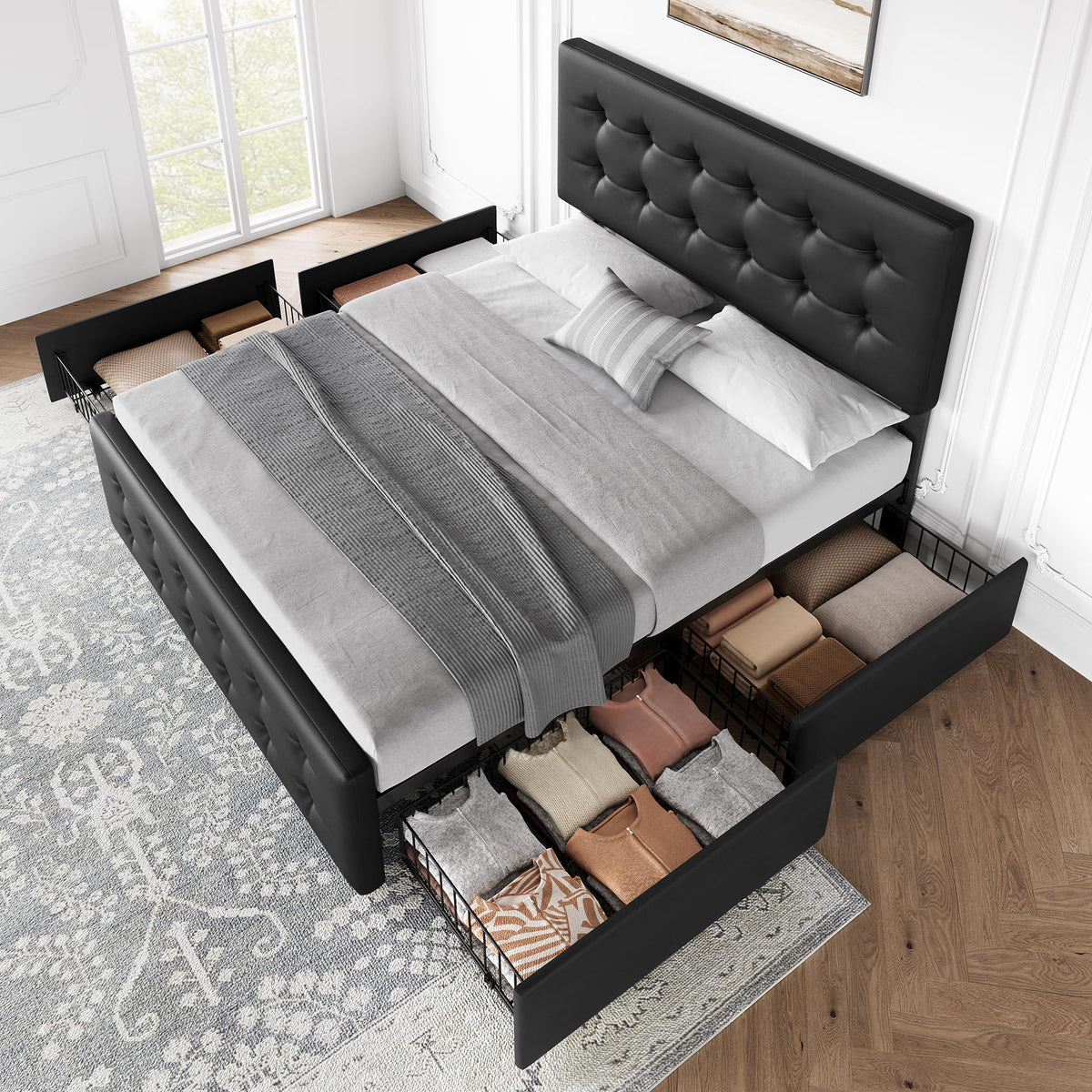 Full Size Bed Frame with 4 Storage Drawers and Headboard, Black K747
