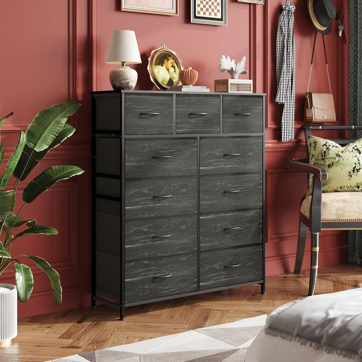 Black 11 Drawer Fabric Dresser N783